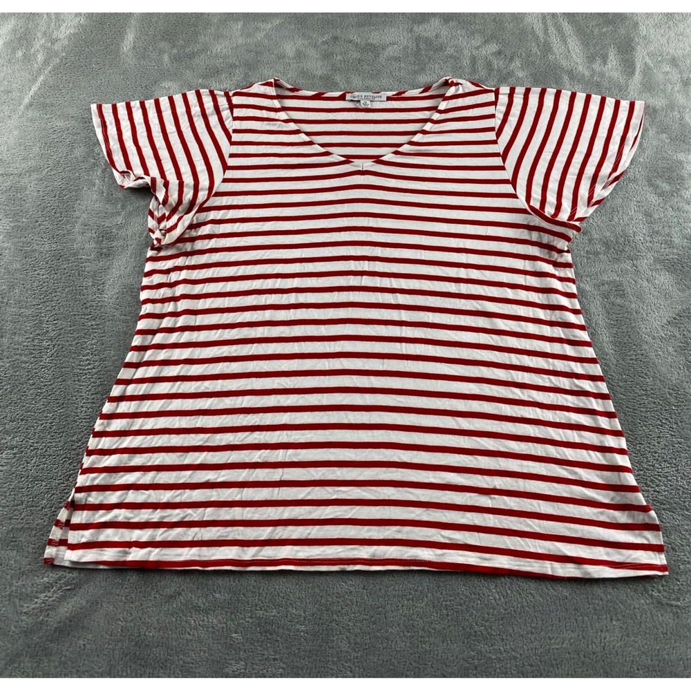 Green Envelope Red White Striped V-Neck Flutter Sleeve Top Womens 1X Made in USA